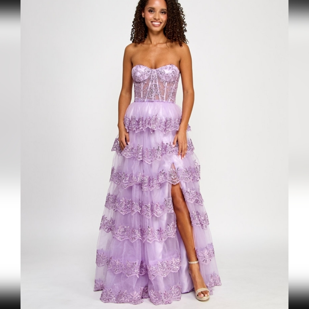 B Darlin uniors' Floral Sequin Embellished Ruffled Strapless Gown